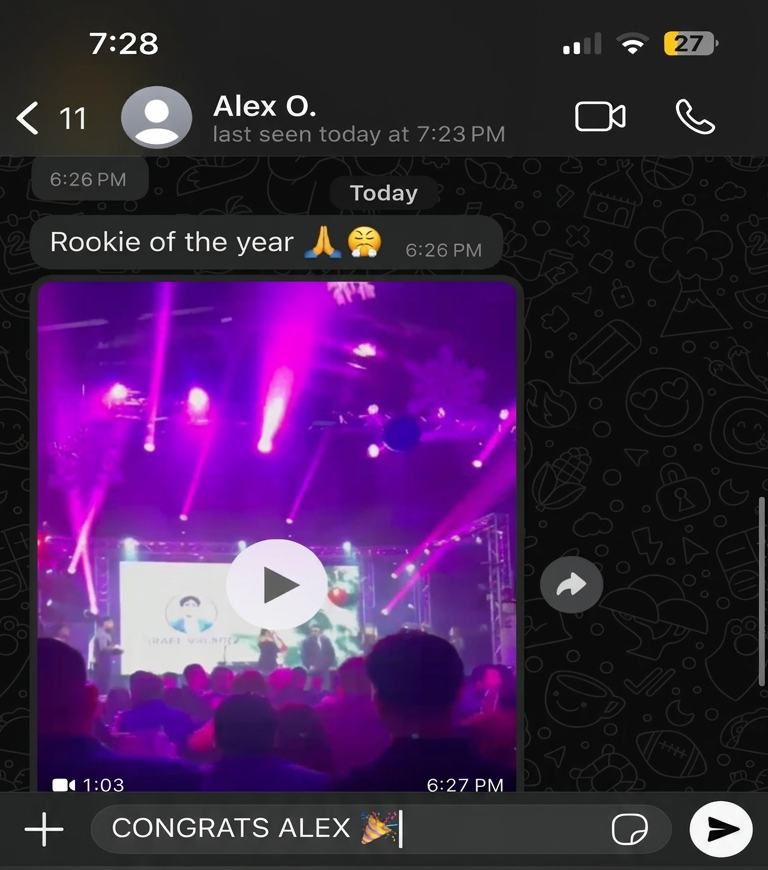 Alex being recognized as rookie of the year