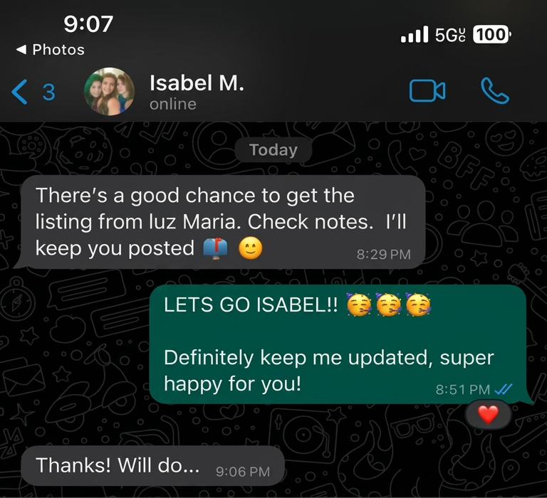 Isabel sharing her listing win