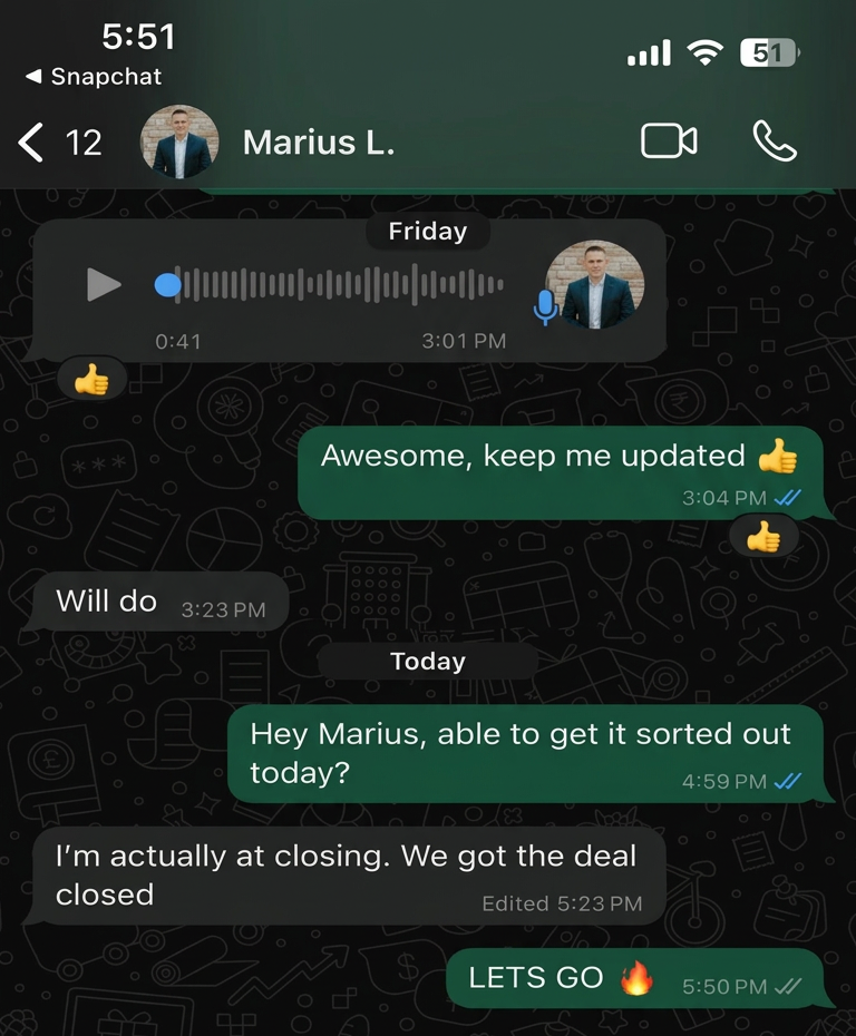 Marius confirming that his deal closed